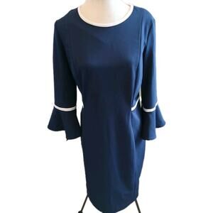 Calvin Klein Navy Sheath Dress Bell Sleeve Cocktail Party Wedding Guest Size 14